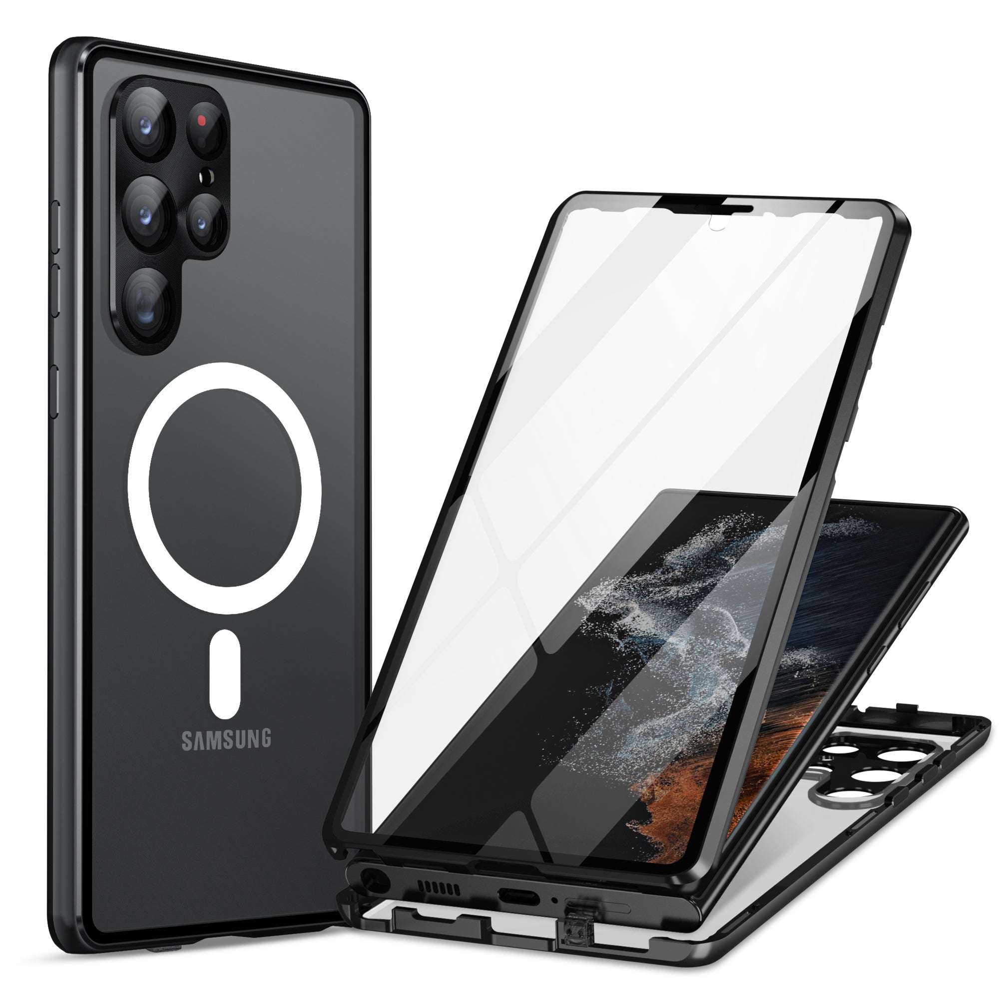 Magnetic Case for Samsung Galaxy S23 Ultra Matte PC Metal Tempered Glass Phone Case with Lens Cover / Lock Magnetic Case for Samsung Galaxy S23 Ultra Matte PC Metal Tempered Glass Phone Case with Lens Cover / Lock